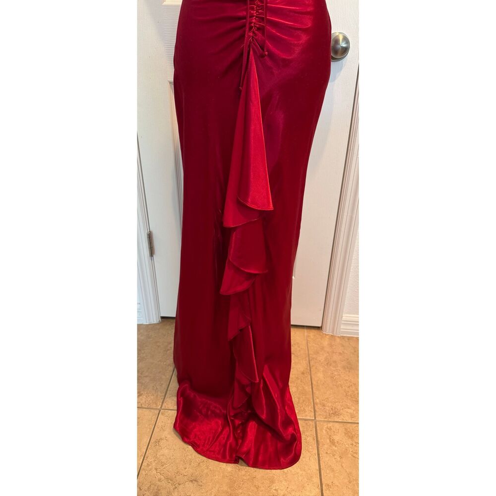 Kiki U.S.A Red Satin Maxi Dress Open Back Lace-Up Evening Gown Size S Chic - Picture 7 of 15